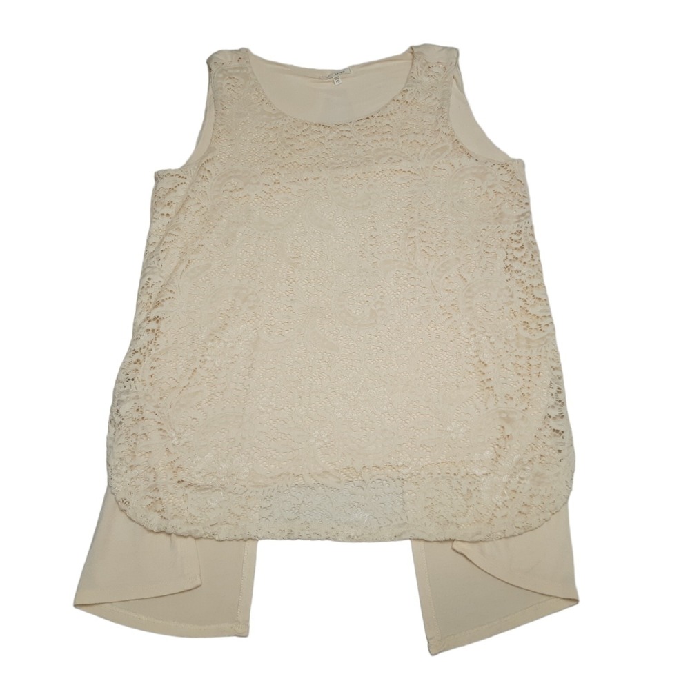 Ava James Top Women Medium Beige Floral Lace Overlay Tunic Layered Sheer Stretch